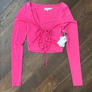 NWT Good American Hot Pink V neck Ruched Crop Long Sleeve blouse Top